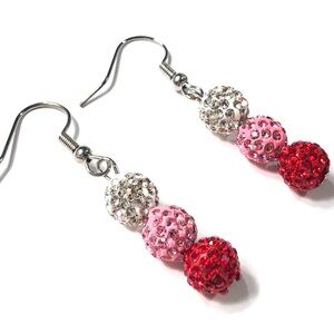 Handmade New Red Pink & Silver Rhinestone Earrings Women Gift Anniversary